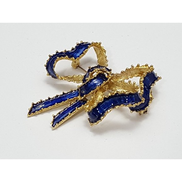 Vintage Victorian Tiffany & Co 18K Solid Yellow Gold Blue Enamel Bow Brooch Pin - Picture 3 of 16